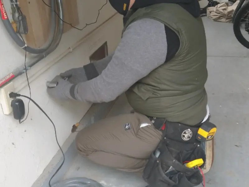Electrician performing outlet wiring in a Glenville garage
